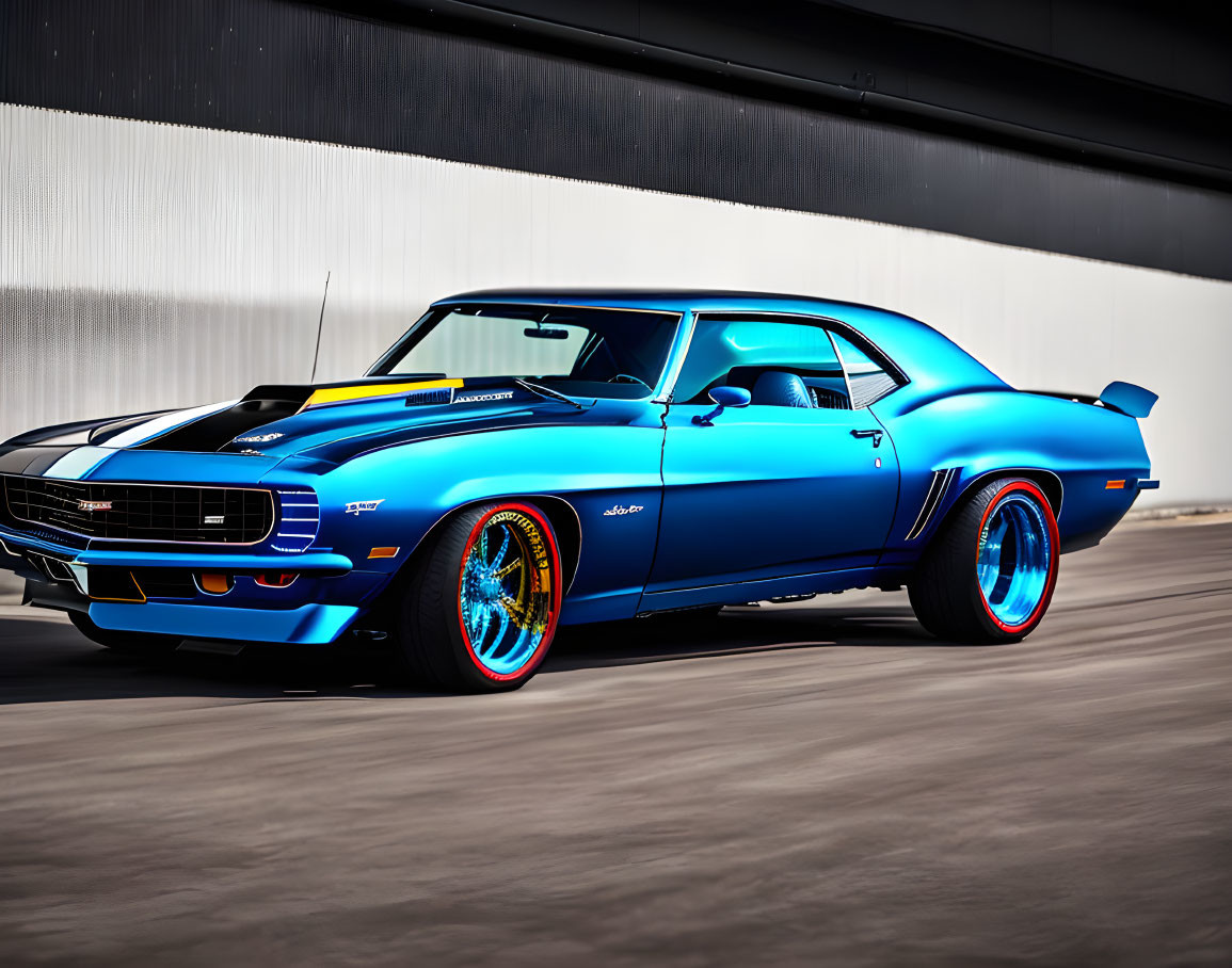 Blue Muscle Car with Racing Stripes and Red Wheels Speeding Past Modern Building