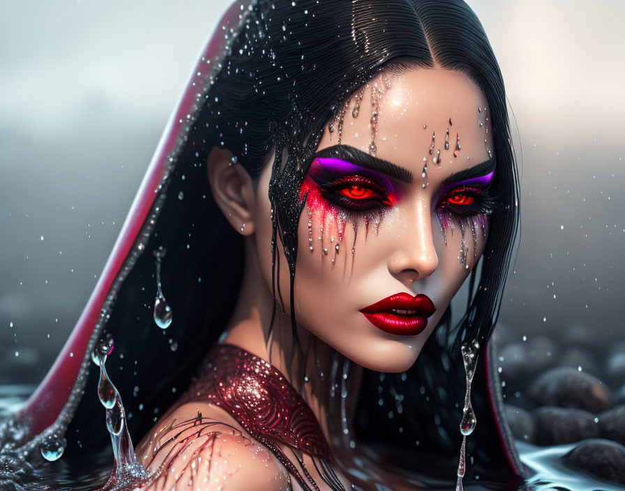 Digital artwork: Woman with red and purple eye makeup, wet skin, water droplets, emerging from