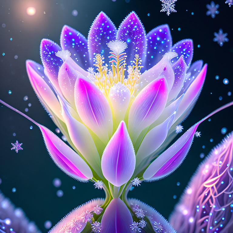 Glowing purple and white flower with snowflakes on dark background