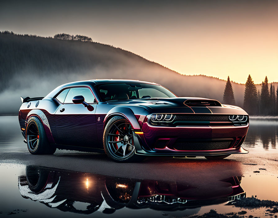 Custom Purple and Black Dodge Challenger by Misty Lake at Sunrise/Sunset