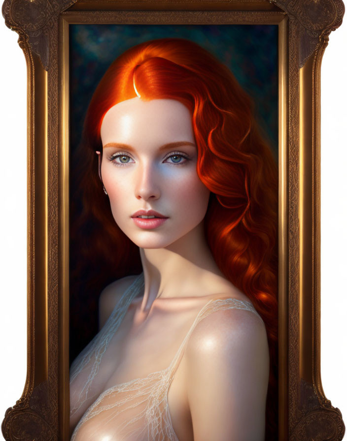 Vibrant red-haired woman portrait in ornate frame, blue eyes, delicate clothing.