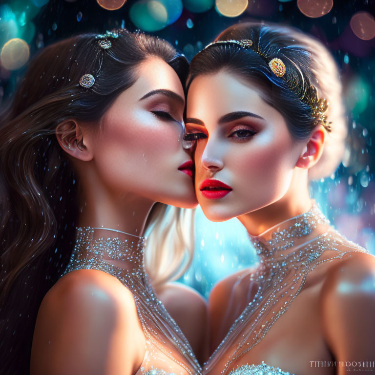 Two Women with Elaborate Hairstyles and Glittery Dresses Kissing Cheek to Cheek