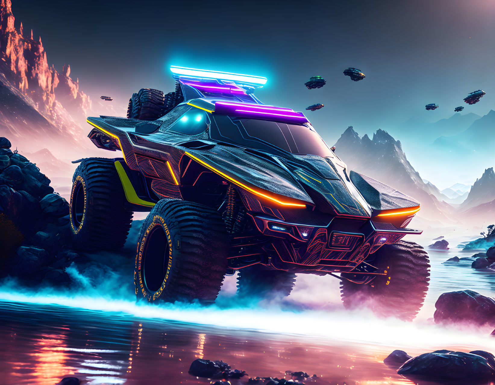 Futuristic vehicle with glowing lights on alien landscape