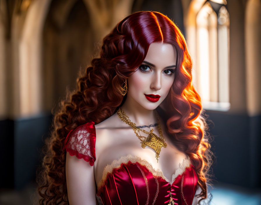 Striking red-haired woman in vintage red dress and golden necklace in elegant room with arch windows