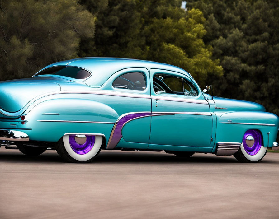 Vintage turquoise car with purple accents, white-wall tires, lowered suspension, cruising on lush road