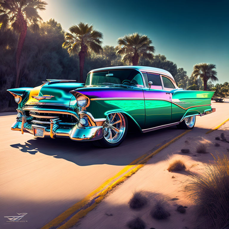 Classic Teal Car with Chrome Detailing and Palm Trees in Background