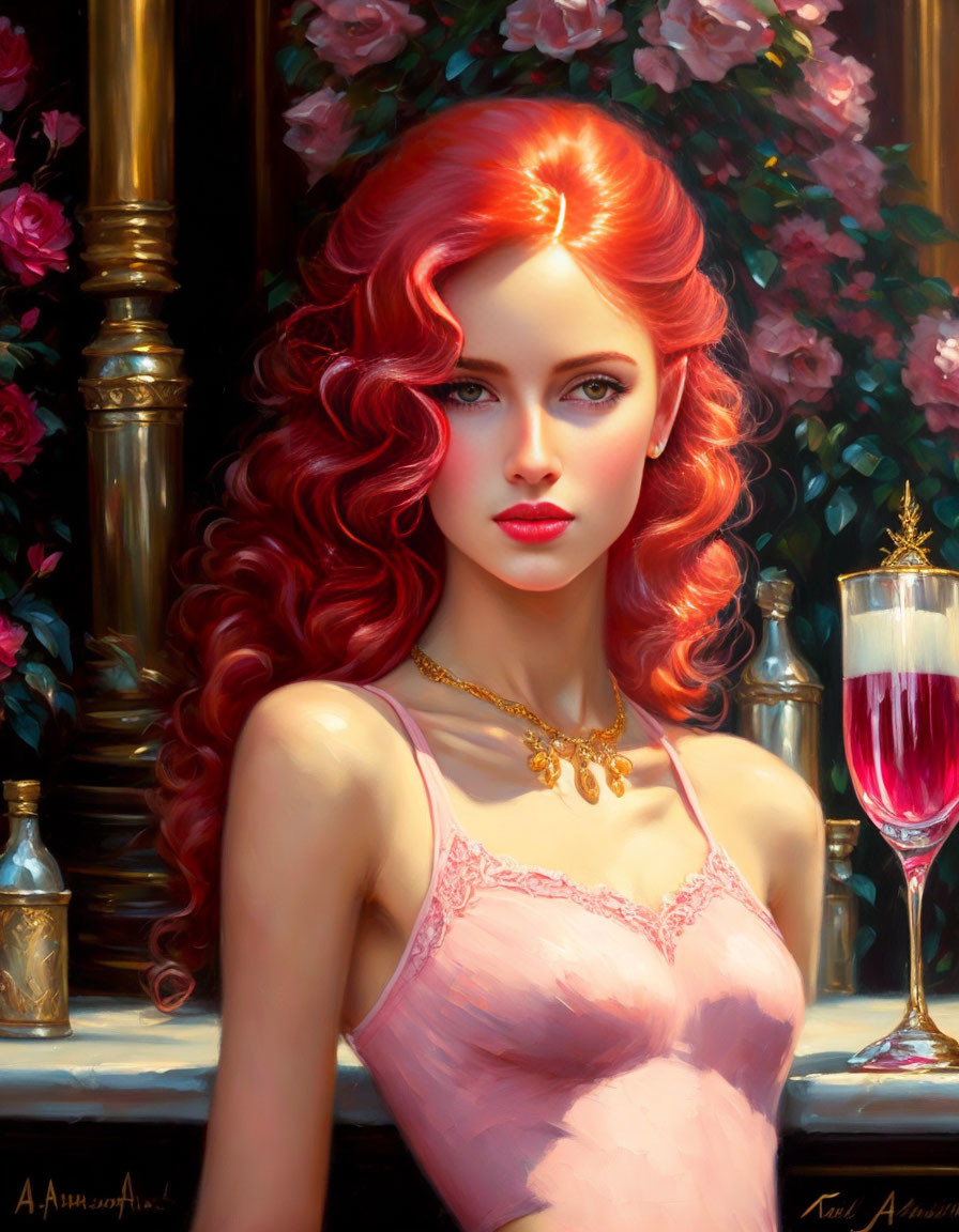 Illustration of woman with red hair, blue eyes, pink dress, holding wine glass and roses.