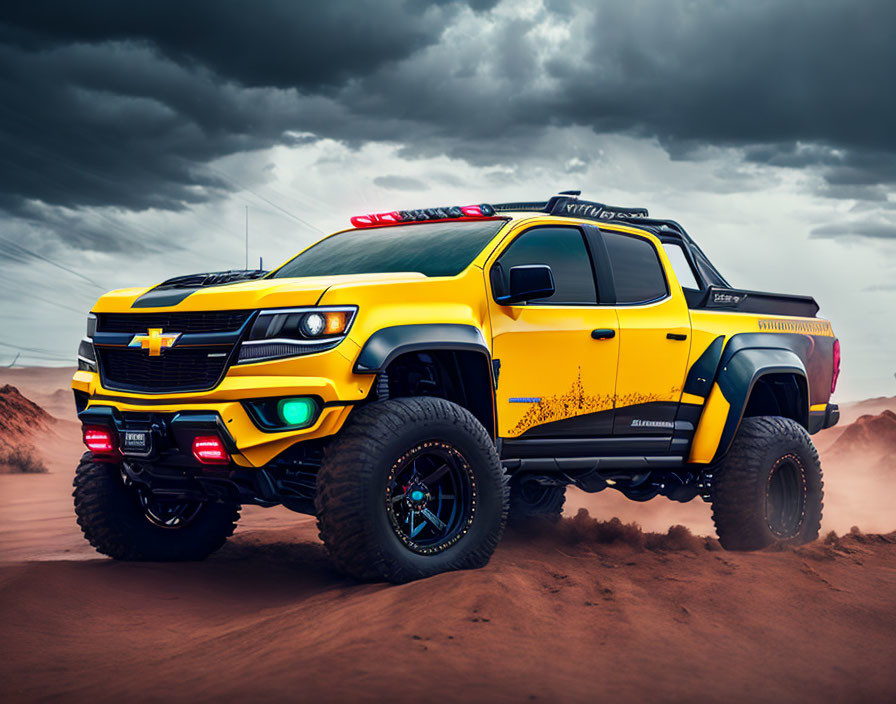 Off-road Chevrolet pickup truck on sandy trail under cloudy sky