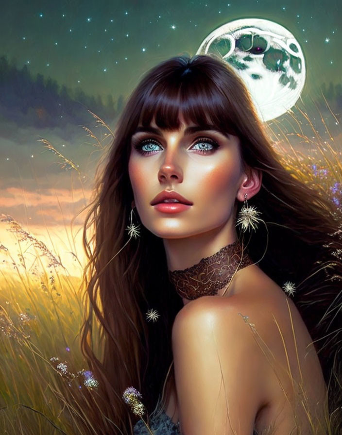 Digital portrait of a woman with blue eyes and brown hair in lace, set against moonlit meadow