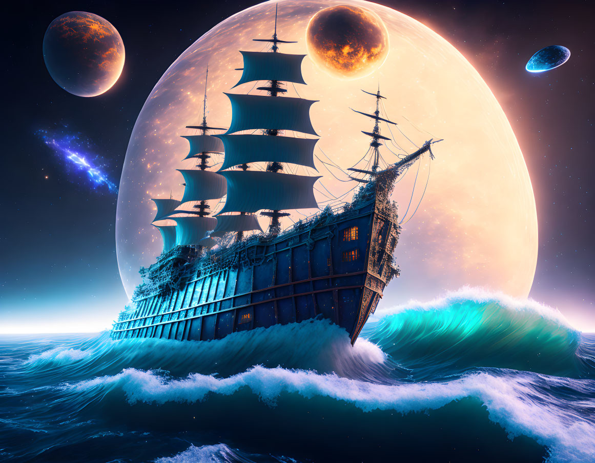 Tall Ship Sails Amid Giant Planets in Turbulent Ocean