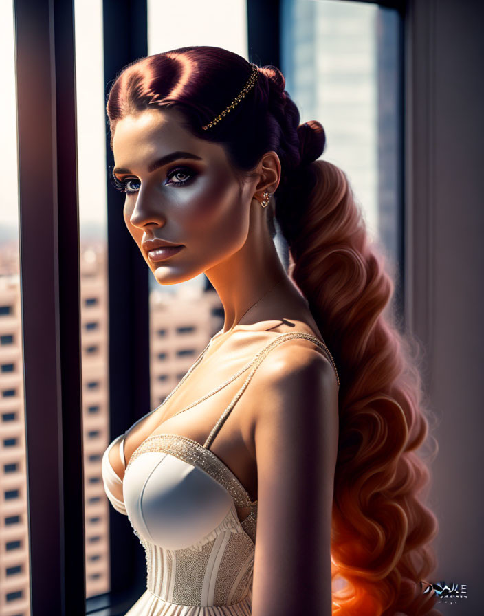 Red-haired woman in elegant hairstyle looking out window with city backdrop