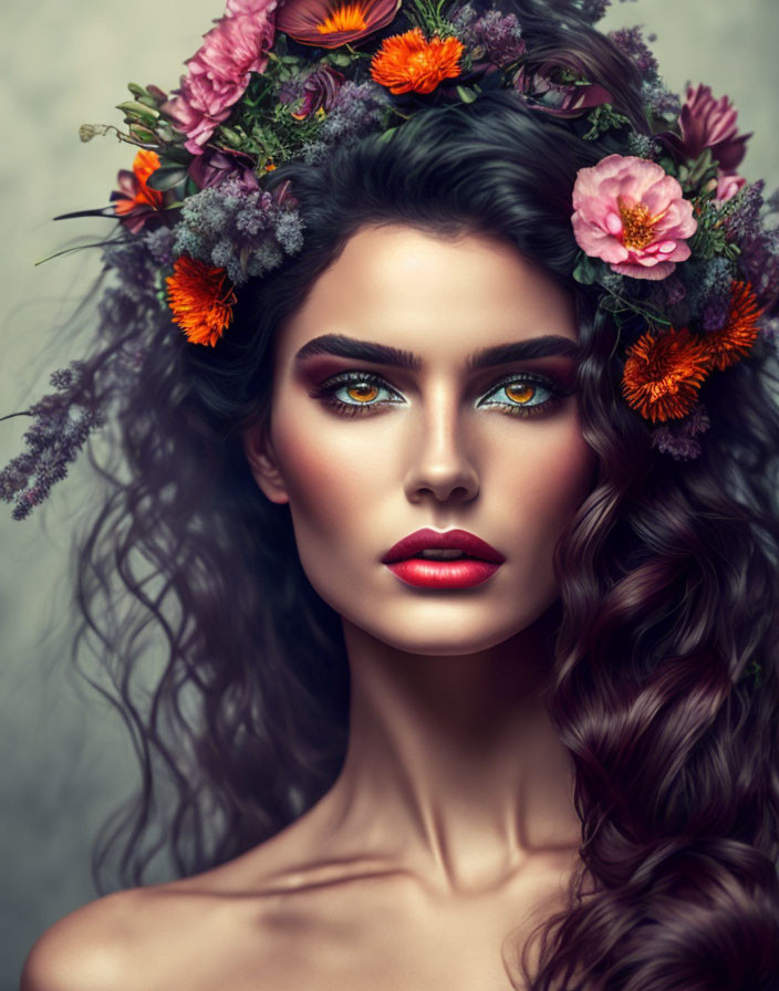 Woman with Vibrant Makeup and Floral Headpiece: Curly Hair and Striking Gaze