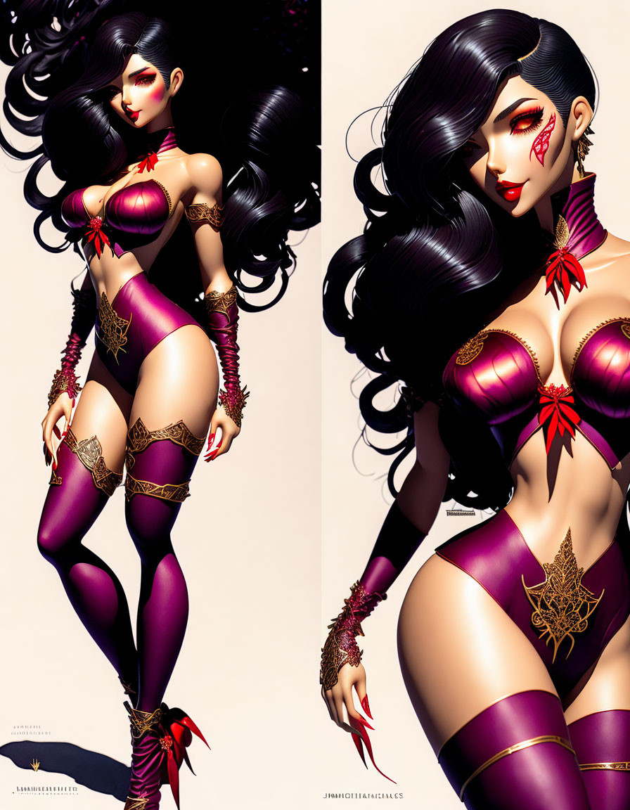 Voluminous Black Hair, Striking Red Makeup, Fantasy-Inspired Purple and Gold Outfit