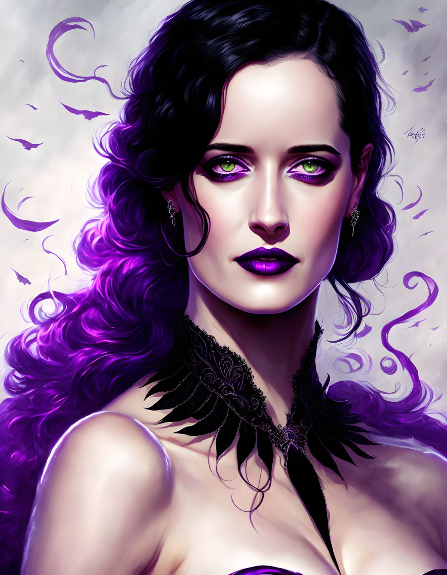 Illustrated portrait of woman with green eyes, purple hair, and feathered necklace