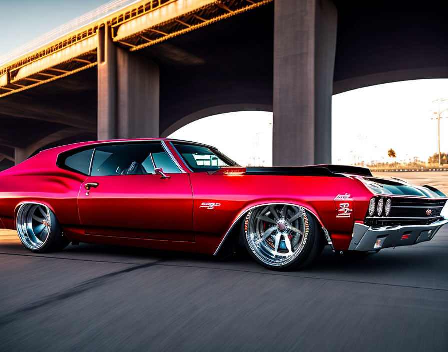 Vintage Red Muscle Car with Custom Rims on Road at Golden Hour