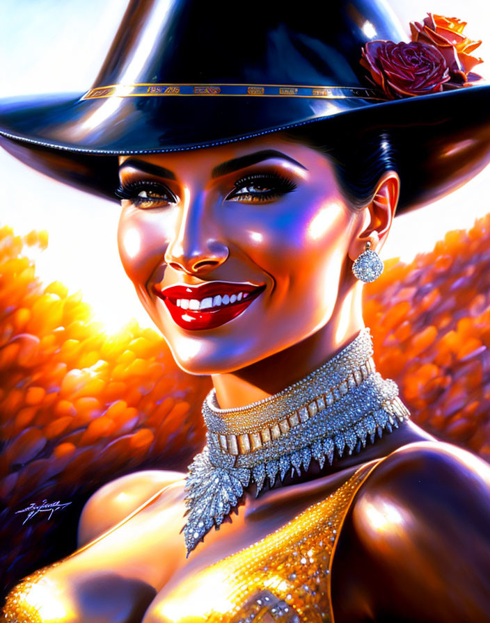 Stylized portrait of woman with glowing smile in large brimmed hat