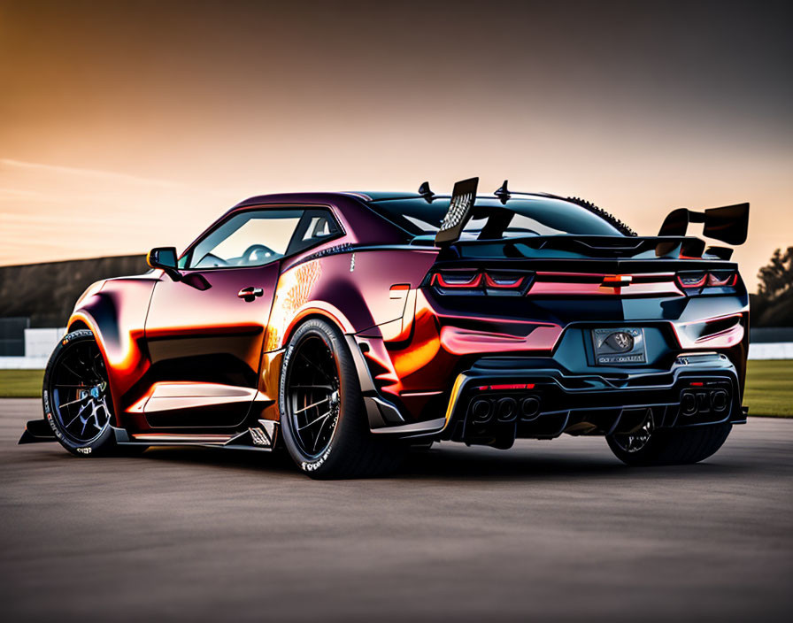 Sleek Sports Car with Iridescent Finish and Rear Wing at Dusk