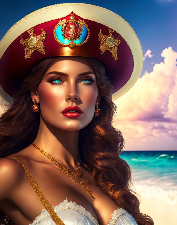 Portrait of woman with blue eyes in red and gold hat by the beach