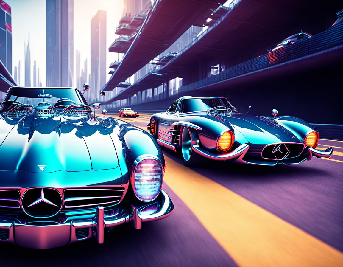 Futuristic Mercedes cars race in neon-lit cityscape