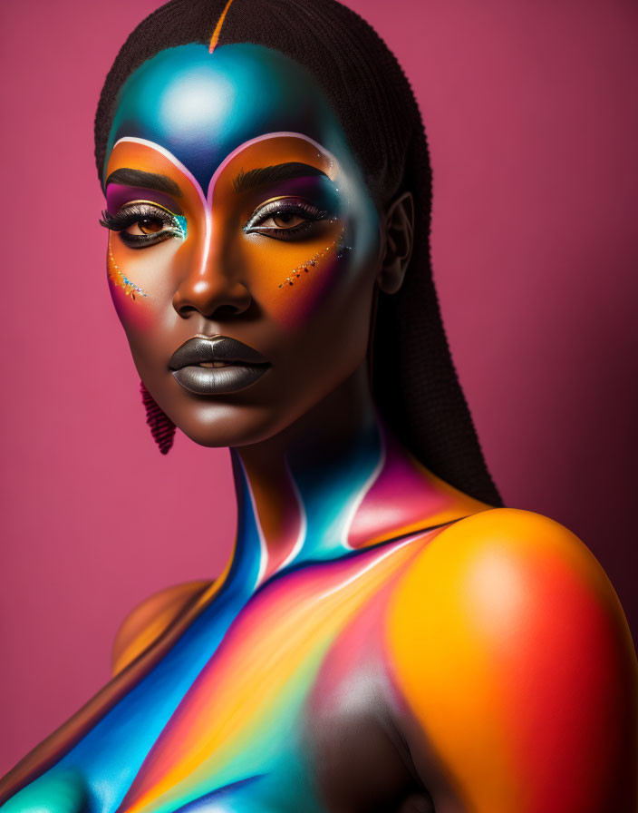 Colorful Body Paint and Creative Makeup on Woman Against Pink Background