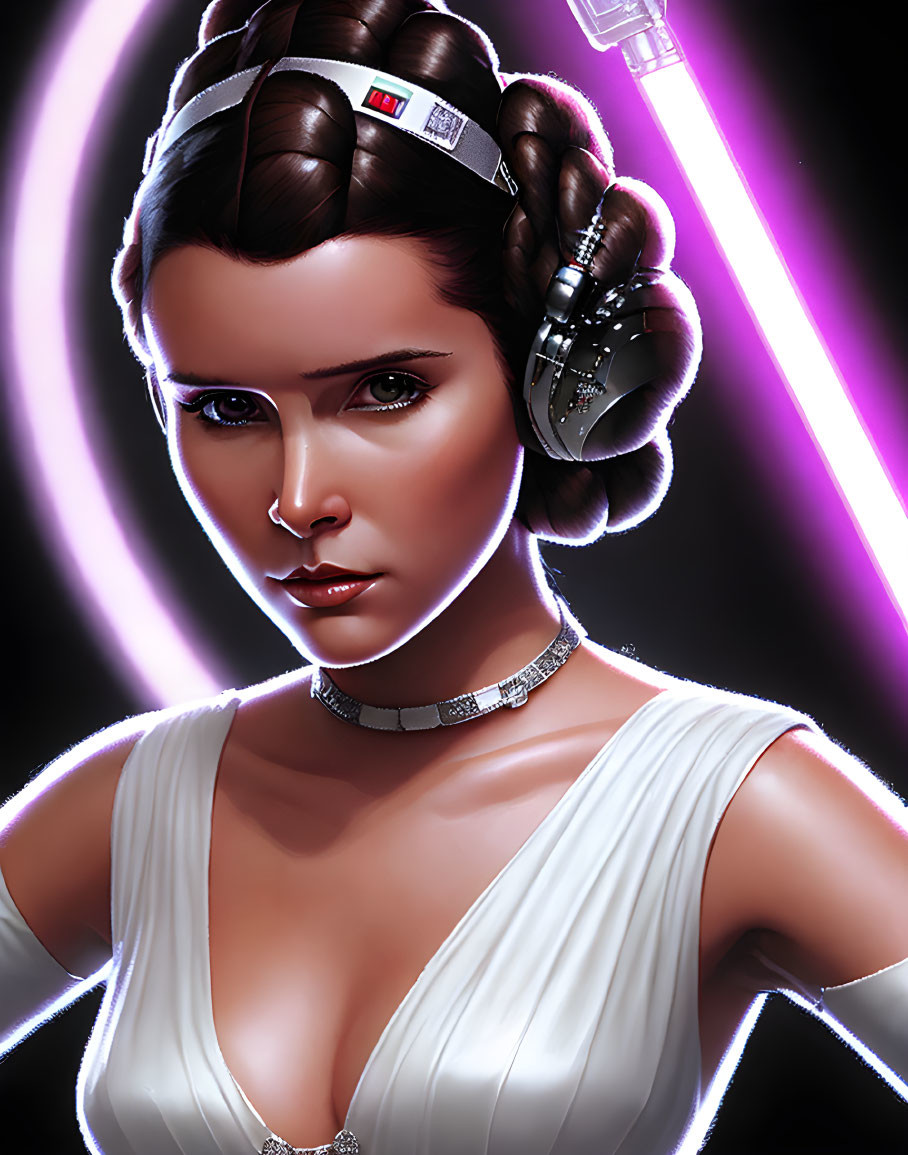 Illustrated portrait of woman with twin buns, white dress, choker, and purple lightsaber