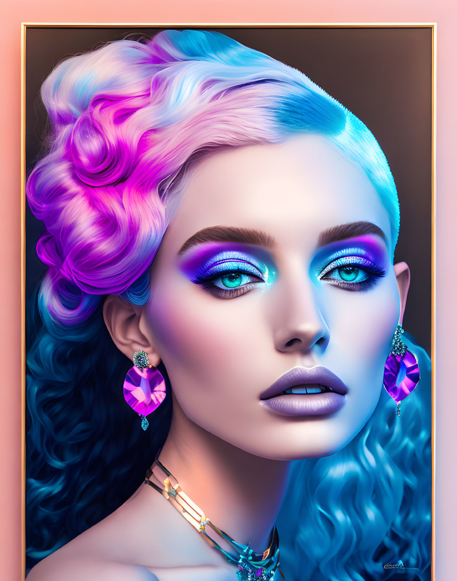 Portrait of Woman with Blue Eyes, Purple Hair, Neon Background