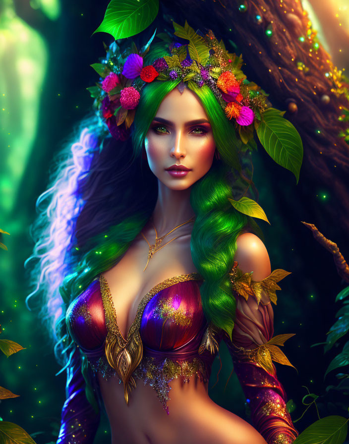 Mystical woman with green hair in floral crown, golden and pink armor, in enchanted forest.