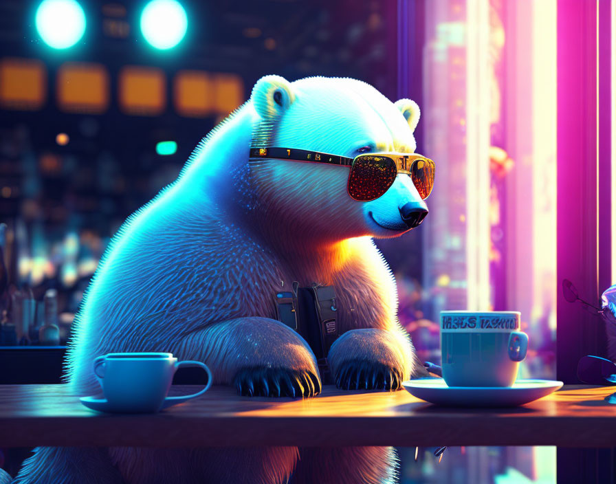 Polar bear with sunglasses at urban bar with neon lights