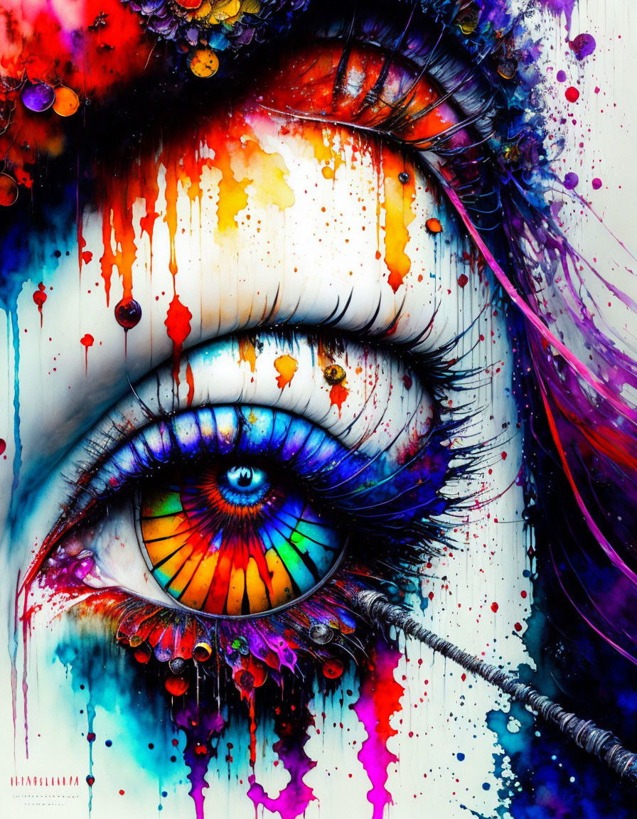 Vibrant close-up eye art with rainbow hues and dripping paint effects