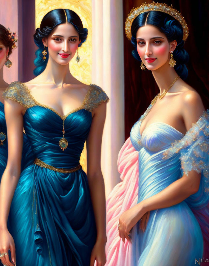 Two women in royal blue dresses with golden accessories in classical setting