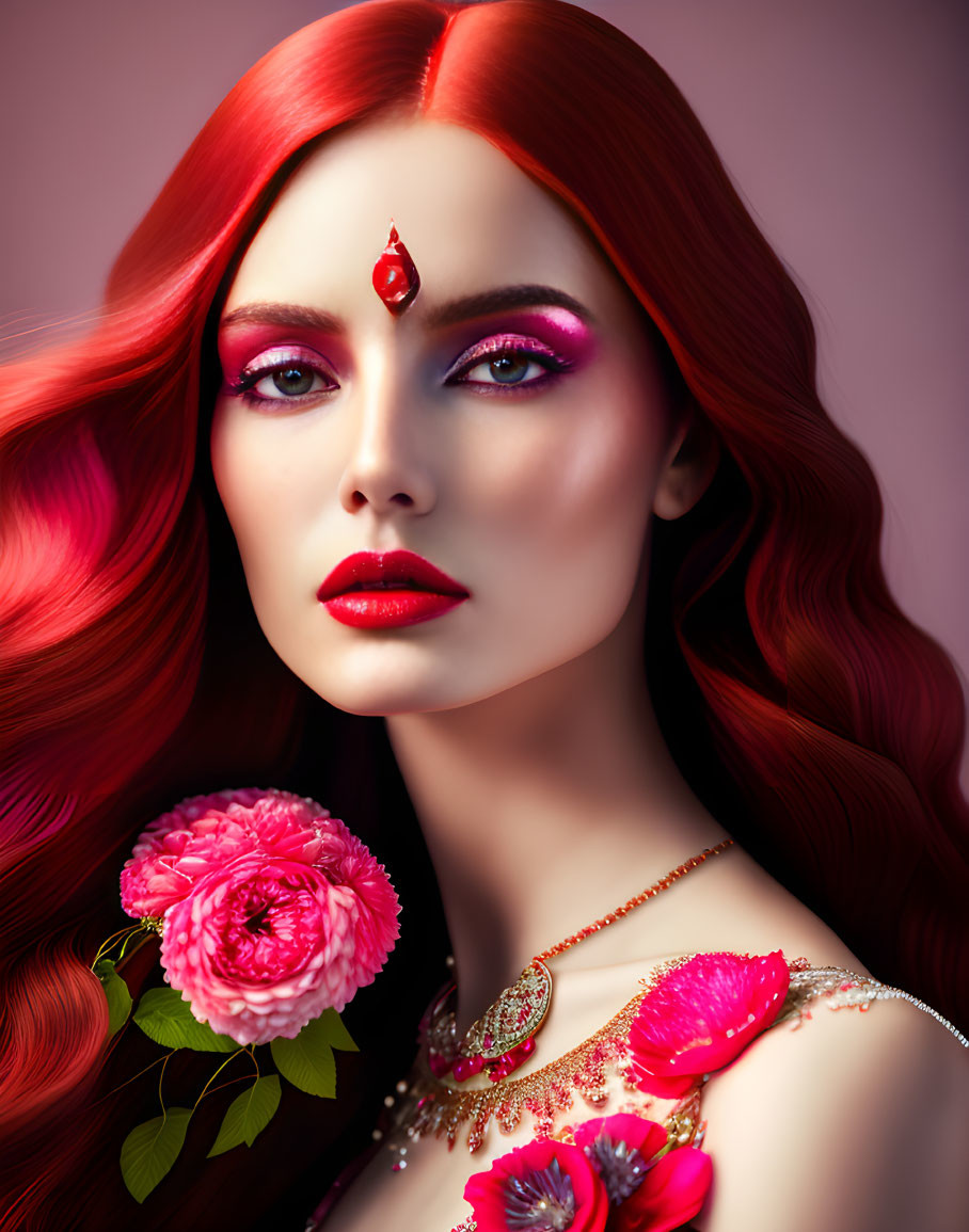 Vibrant illustration: woman with red hair and pink makeup on pink background