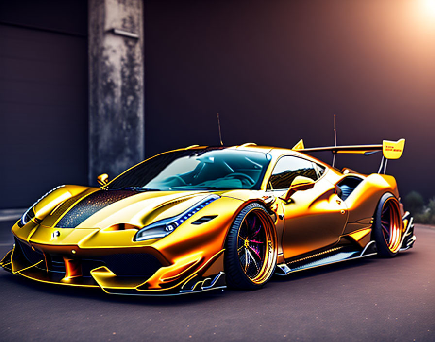 Golden sports car with wide-body kit, large rear wing, and custom wheels against dramatic sunset.