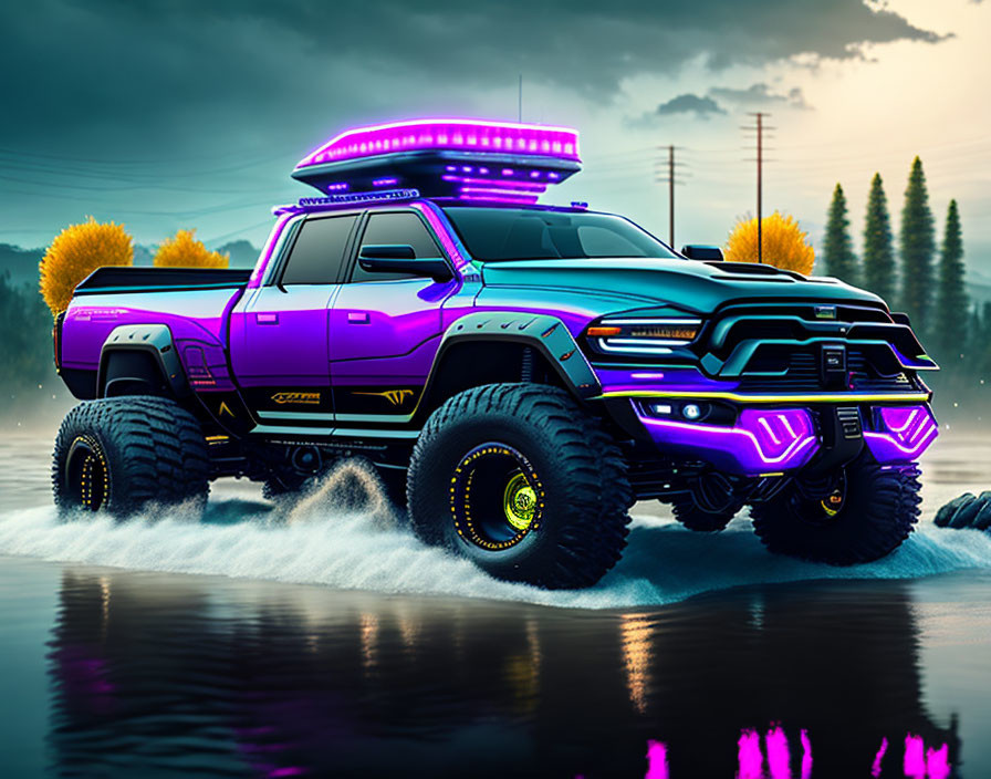 Futuristic purple truck with large tires and neon lights in vibrant forest setting