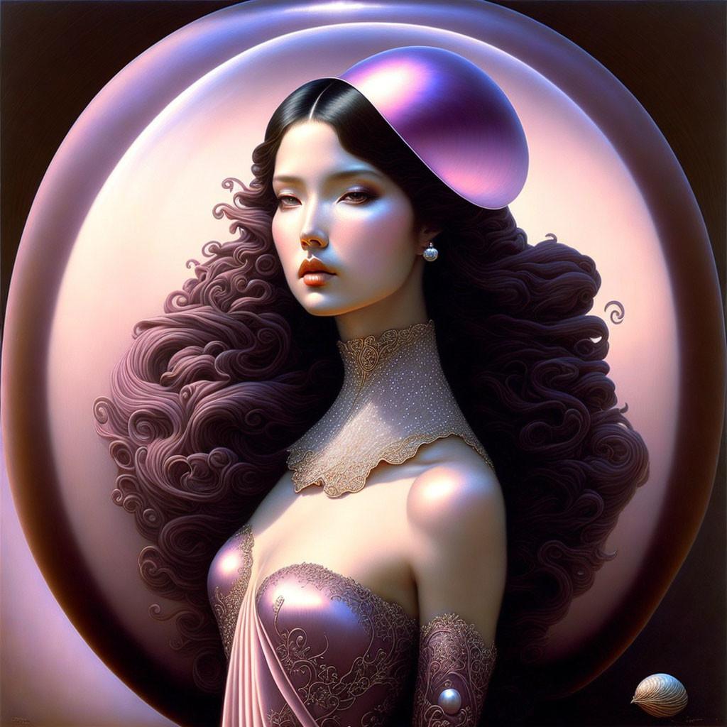 Detailed digital portrait of a woman with swirling hair on circular backdrop in soft fantasy style