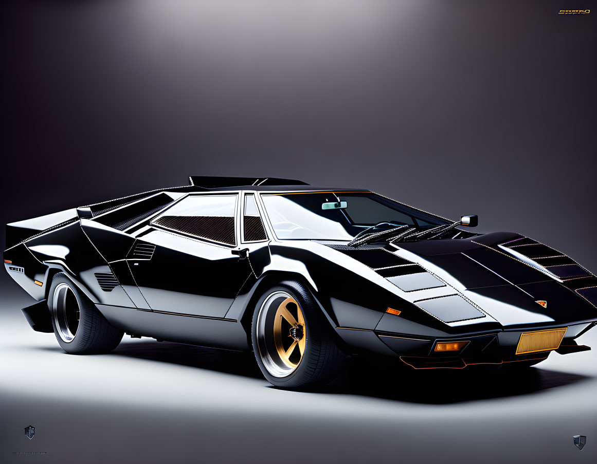 Luxury Black Lamborghini Countach with Gold Rims in Studio Setting