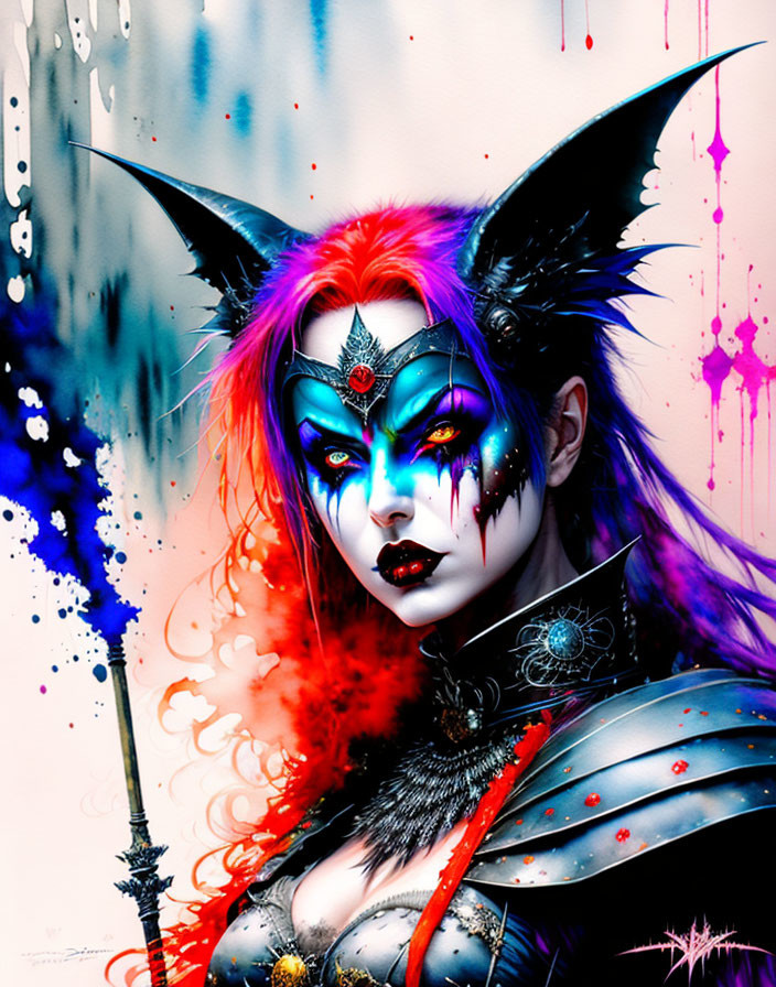 Colorful female character with red and blue hair and pointed ears in detailed makeup against a paint splatter