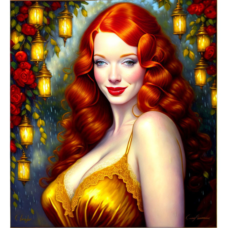 Colorful illustration of woman with red hair and blue eyes in yellow dress, surrounded by lanterns and