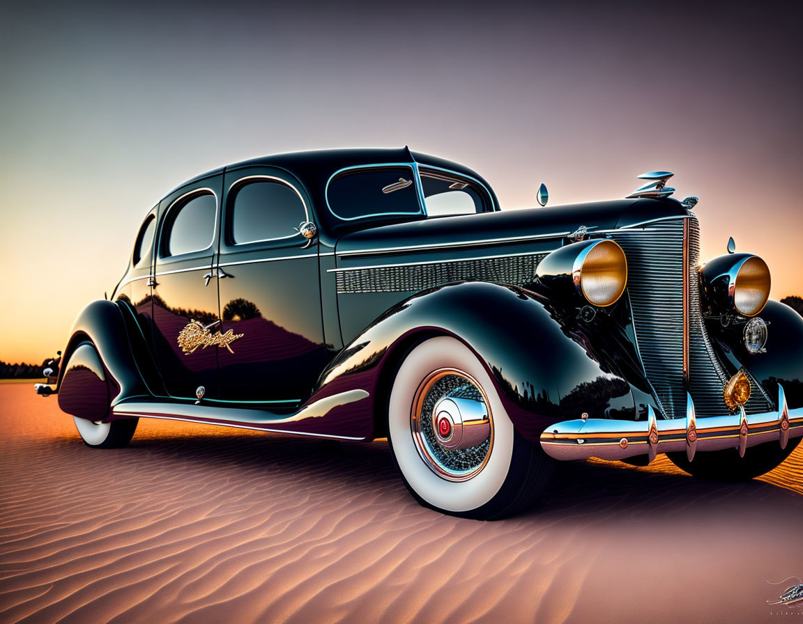 Vintage black car with chrome details against orange sunset