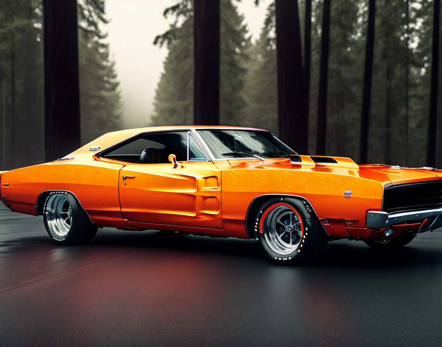 Vintage orange muscle car on misty forest road