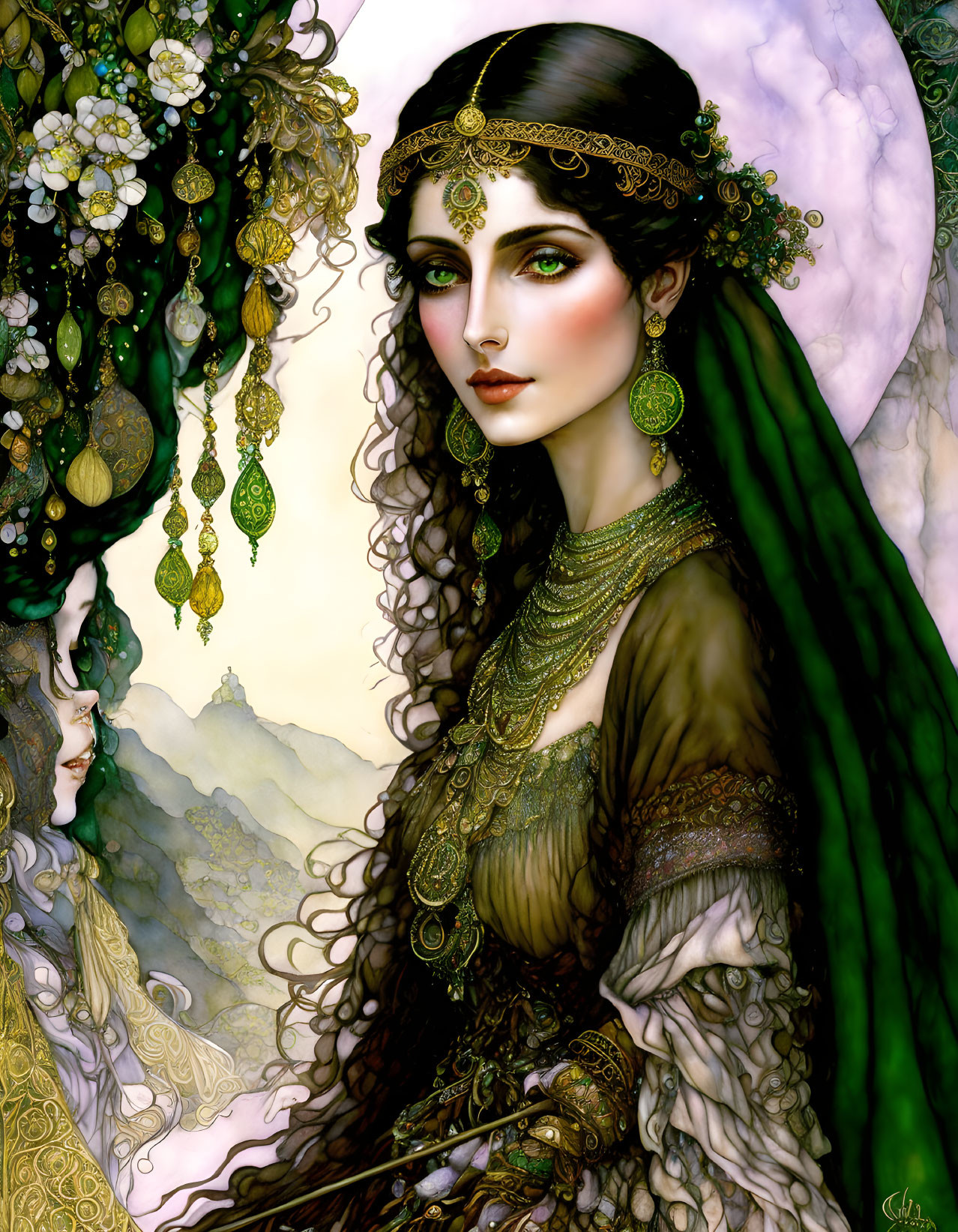 Illustration of woman with dark hair and green eyes in golden jewelry, mountain backdrop, full moon