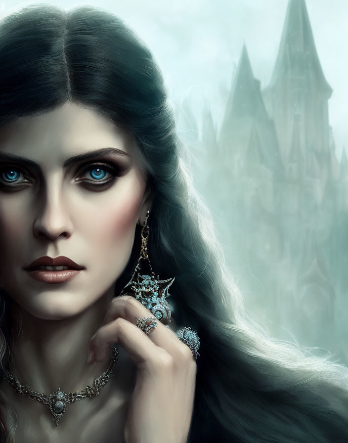 Portrait of woman with blue eyes, dark hair, and castle backdrop