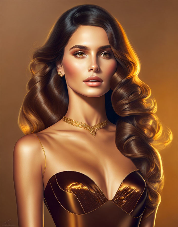 Illustration: Woman with Voluminous Brown Hair and Golden Makeup