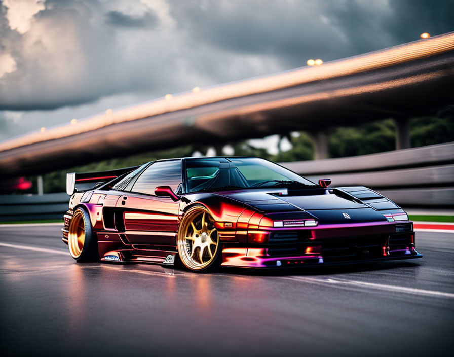 Reflective Purple Sports Car with Gold Rims on Road with Blurred Overpass