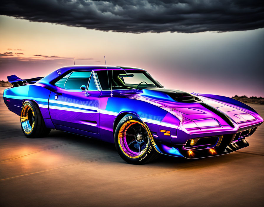 Purple Classic Muscle Car with White Stripes and Chrome Detailing parked under Sunset Sky