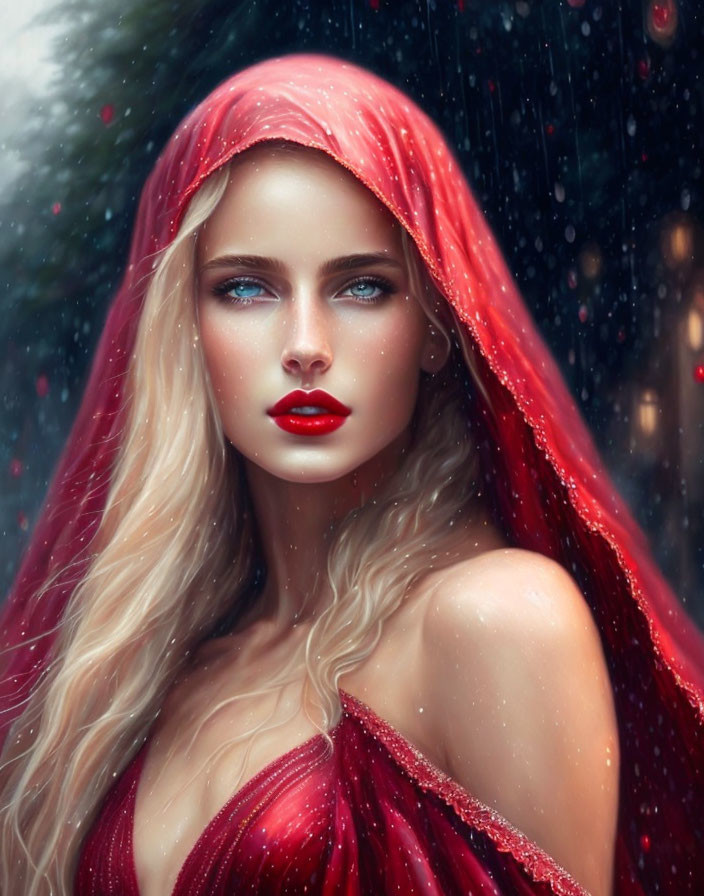 Woman in Red Cloak with Piercing Blue Eyes in Snowy Fantasy Scene