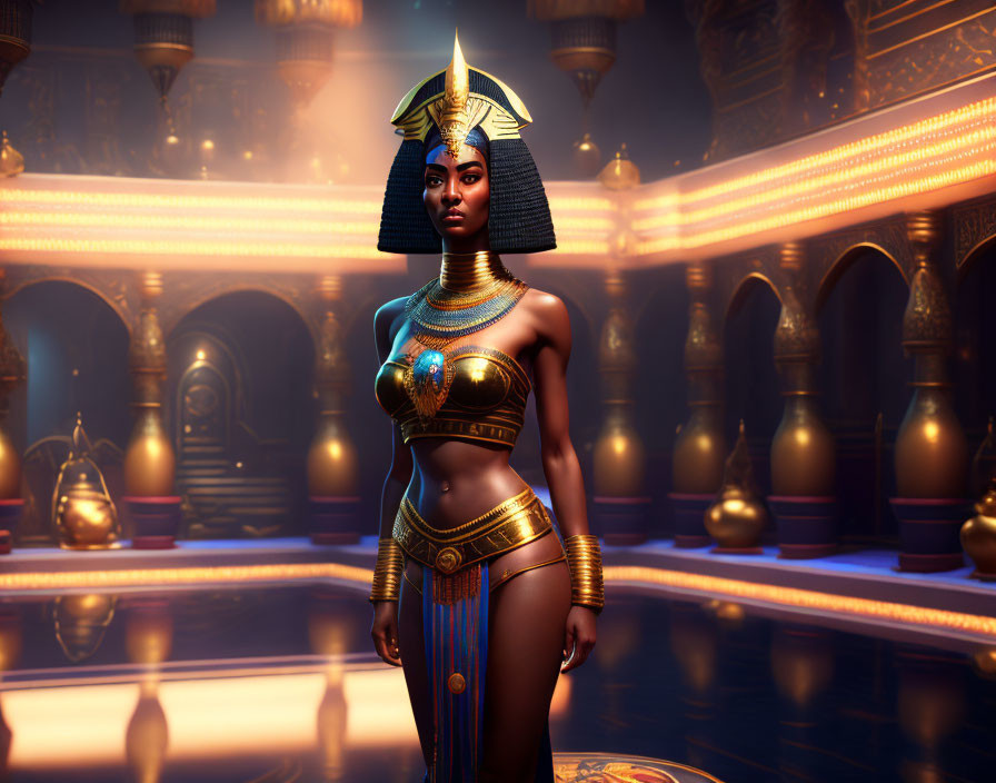 3D render of woman as ancient Egyptian queen in palace setting