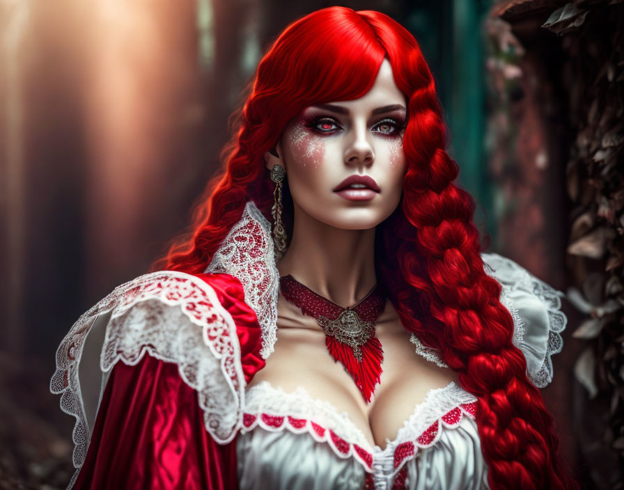 Vivid Red-Haired Woman in Period Dress in Mystical Forest