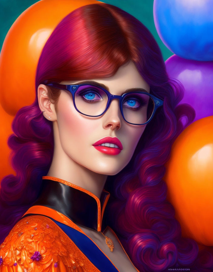 Vibrant digital artwork: woman with purple hair and blue glasses