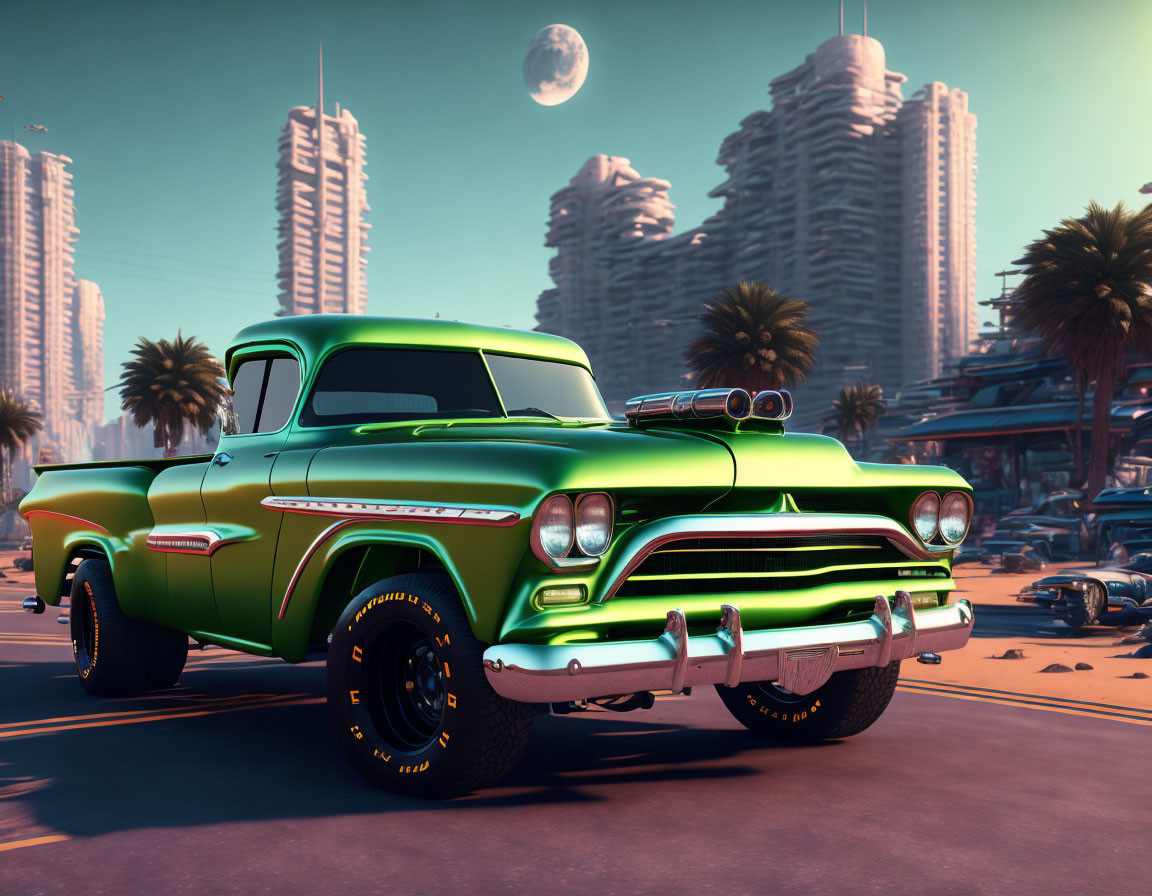 Retro-futuristic green truck with thick tires in cityscape with large moons