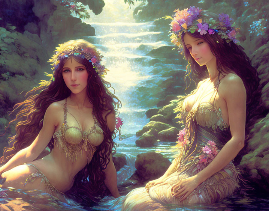 Ethereal women with floral crowns in forest stream sunlight